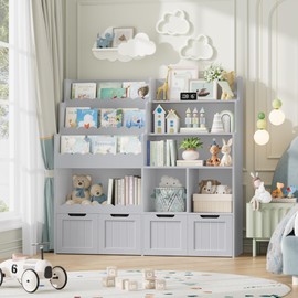 FOTOSOK Toy Storage Organizer, Large Kids Bookshelf Toy Organizer with 4 Movable Drawers and 3 Storage Cubbies, Toy Organizer and Storage Toy Shelf Organizer Kids Toy Storage for Playroom, Grey