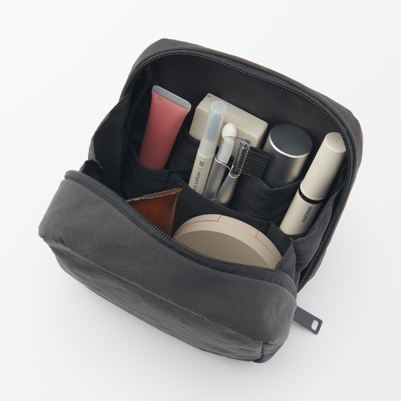 MUJI Wrinkle Nylon Large Opening Square Pouch - Dark Gray,