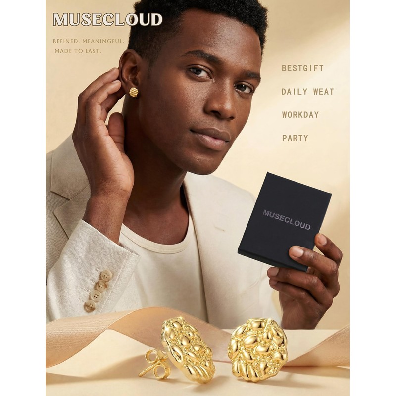 MUSECLOUD 14K Gold Plated Nugget Earrings for Men, M, Round,