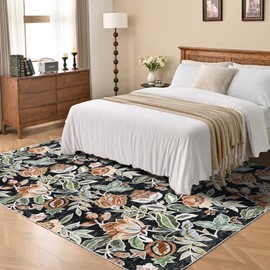 8x10 Large Area Rugs for Living Room,Non Slip Vintage Boho Rug,Machine Washable Rug,Low-Pile Floral Print Carpet for Bedroom Dinning Room Office Farmhouse Indoor Home Decor（Black 8'x10'）