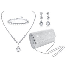 Kakonia 4Pcs Sliver Clutch Purse Jewellery Set for Women Evening Rhinestone Purse Crystal Necklace Earrings Bracelets Set Silver Accessories for Women Bride Wedding Jewelry