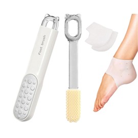 2-in-1 Foot File Callus Remover Set, Stainless Steel Foot Scrubber with Silicone Brush & Heel Gel Socks for Smooth Feet (Grey)
