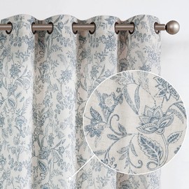 Vangao Farmhouse Linen Curtains 90 Inches Long Blue Floral Curtains for Living Room Bedroom Vintage Print on Beige Light Filtering Window Drapes Grommet Top 2 Panels