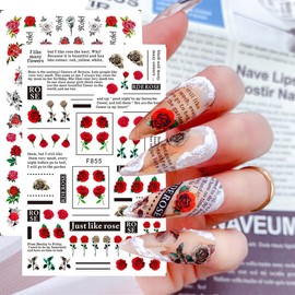 Flower Nail Stickers Rose Floral Nail Art Stickers Decals 6PCS Spring Blue Red Rose Butterfly Letter Design 3D Nails Adhesive Decals Transfer Slider Nail Supplies for Women DIY Nail Art Decorations