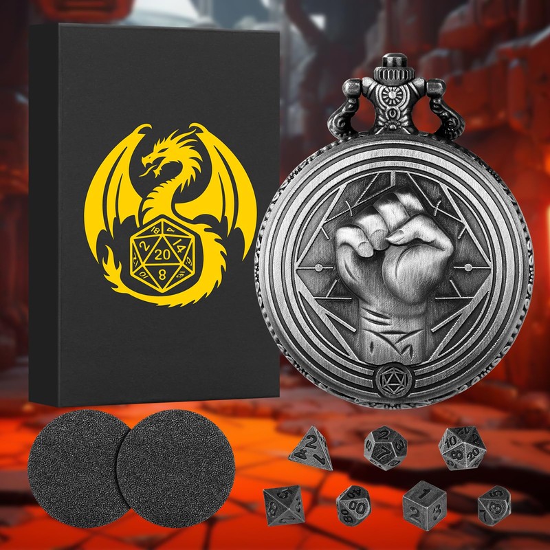 Mini DND Dice Set with Steampunk Monk (Fist) Pocket Watch