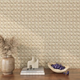 ReWallpaper Peel and Stick Rattan Wallpaper Adhesive Natural Beige Cane Webbing Removable Wallpaper Boho Faux Rattan Contact Paper for Furniture Shelf Liner Cabinet Vinyl Wrap Waterproof 15.8in×10ft