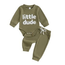FOMOYUU Newborn Baby Boy Clothes Waffle Letter Embroider Long Sleeve Romper Pullover Tops and Pants Sets Fall Winter Outfits (Army Green, 0-3 Months)