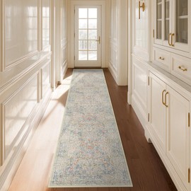 Hazo Haus Washable Beige Blue 2x10 Runner Rug for Hallway Kitchen Mudroom, Non-Slip Stain Resistant Extra Long Floor Mat 10 ft - Vintage Floral Aethestic Decor