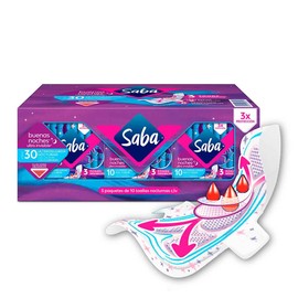 Saba Saba Ultra Invisible Buenas Noches, Toallas Nocturnas Con Alas, Flujo Súper Abundante, 30 Piezas, Color, 30 Count, Pack Of/Paquete De