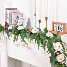 Yastouay Artificial Flower Garland Decorations, 6Ft Greenery Floral Garland with Camellia Rose Buds Fake Flowers for Wedding Arch Party Tables Mantle Backdrop Room Decor