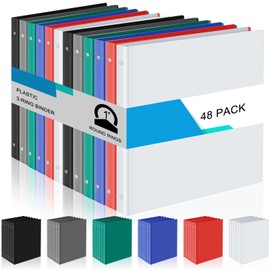 Fulmoon 48 Pack 3 Ring Plastic Binders 1 Inch Bulk with 2 Pockets, Flexible Binder Loose Leaf Hardcover, Fit 12" x 10" US Letter Size Paper, for School Office Home, 6 Colors(Classic)