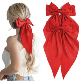 2Pcs Red Hair Bows Long Tail Satin Bow Hair Clips Large Silky Ribbon Bow for Hair Ponytail Holder with Metal Clip Coquette Valentine's Day Hair Barrettes Accessories Gifts for Women Girls