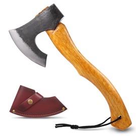 LUIOUS Camping Axe Hatchet, 15.6" Forged Steel Axe with Leather Sheath, Bearded Axe with Beech Handle, Outdoor Hatchet for Wood Splitting, Gift for Men