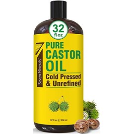 Seven Minerals Aceite De Ricino Puro Prensado En Frío - Botella Grande De 32 Fl Oz - Sin Refinar Y Sin Hexano - Aceite De Ricino Puro Para El Crecimiento Del Cabello, Pestañas Y Cejas Más Gruesas, Pie