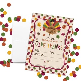 Cute Turkey Gobble Till You Wobble Thanksgiving Party Invitations, 8 Pack 5x7 Fill In Cards with Eight White Envelopes by AmandaCreation