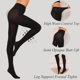Women's 80D Opaque Black Tights, High Waist Control Top Soft Tights Winter Nylon Warm Pantyhose for Women