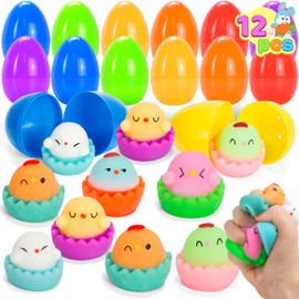 JOYIN Pack of 12 Pre-Filled Easter Eggs with Mochi Squishy Toy, Cute Chicken Mochi Stress Relief for Easter Party, Easter Eggs for Filling, Easter Eggs Hunting, Easter Basket Filler, Gift for Children