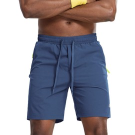 Mens Exercise Shorts Zipper Pocket(Blue Grey,M)