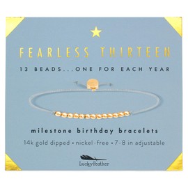 Lucky Feather Gifts for 13 Year Old Girl; 13th Birthday Bracelet with 13 Dainty 14K Gold Dipped Beads on Adjustable Cord; Bat Mitzvah Gift