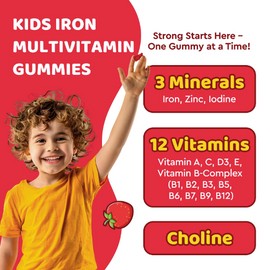 Iron Supplement Gummies for Kids, Kids Multivitamin with Iron Gummies - Zinc, Vitamin B Complex, A, C, D3, B12, Folate for Blood Builder & Energy Support, Iron Deficiency, Vegan Strawberry 120ct
