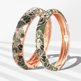 UJOY Vintage Jewelry Cloisonne Handcrafted Enameled Gorgeous Rhinestone Flower Gold Hinged Cuff Bracelet Bangles Gifts 88A22 Green