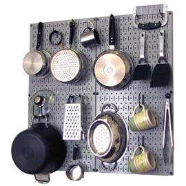 Wall Control Kitchen Pegboard Organizer Pots and Pans Storage Rack Organization Kit with Grey Pegboard and Black Accessories