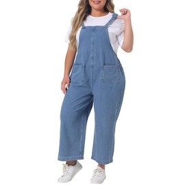 Agnes Orinda Plus Size Denim Bib Overalls for Women Classic Adjustable Straps Pockets Jumpsuit Jeans Pants 4X Light Blue