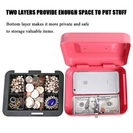 Jssmst Small Cash Box with Key Lock - Durable Metal Cash Box with Money Tray Pink, CB0104M