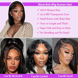 Belaved Black Bob Wig Human Hair 12inch 13x4 HD Transparency Lace Front Wigs Raw Human Hair 180% Density Pre Plucked Short Bob Wigs Straight with Baby Hair Glueless for Black Women