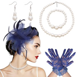 Gvhntk 5Pcs Fascinator Hat for Womens Headpiece Tea Party with Pearl Lace Gloves Set 20s Vintage Hair Accessories for Wedding (Polyester, Navy Blue)