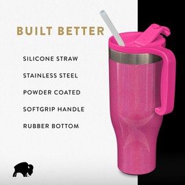 BISON COOLERS 40 oz Tumbler with Handle and Straw | 100% Leakproof Insulated Tumbler with Lid and Straw | Made of Stainless Steel With Ceramic Lining (No Metallic Aftertaste) | Bubblegum Pearl