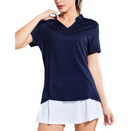 MIER Women's Golf Polo Shirts Collarless Short Sleeve V Neck Tshirt Cool Dry Active Ventilated Horse Riding Tops Navy L