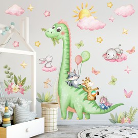 RAINBOW WSK Large Dinosaur Wall Decals Green Dino Wall Stickers for Baby Boys Girls Room Removable Jungle Animal Dino Wall Mural with Cloud Plants Kids Nursery Bedroom Decor BM700