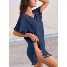 AI'MAGE V-Neck Cover Up Lightweight for Women Baggy Beachwear Beach Dress Polyester Summer, Navy Blue, M
