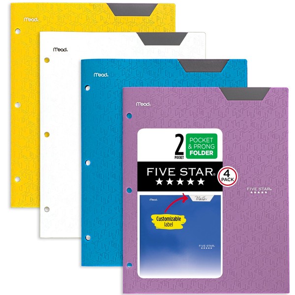 Five Star 2 Pocket Folders, 4 Pack, Plastic Folders with Stay-Put Tabs, Fits 3-Ring Binder, Holds 8-1/2” x 11" Paper, Writable Label, Tidewater Blue, White, Amethyst Purple, Harvest Yellow (38065)