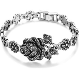 Women Rhodium Plated Vintage Black Marcasite Rose Flower Link Chain Bracelets 7.5 Inches, One Size, Cubic Zirconia, Cubic Zirconia