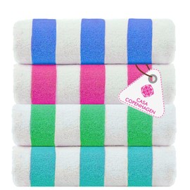 CASA COPENHAGEN Cabana Beach Towels Designed in Denmark Rough and Tough, Quick Dry, for Pool, Bath & Shower 30x60 inches 4 Pieces Cotton Beach Bath Towels Set - Turquoise,Royal Blue,Pink,Green