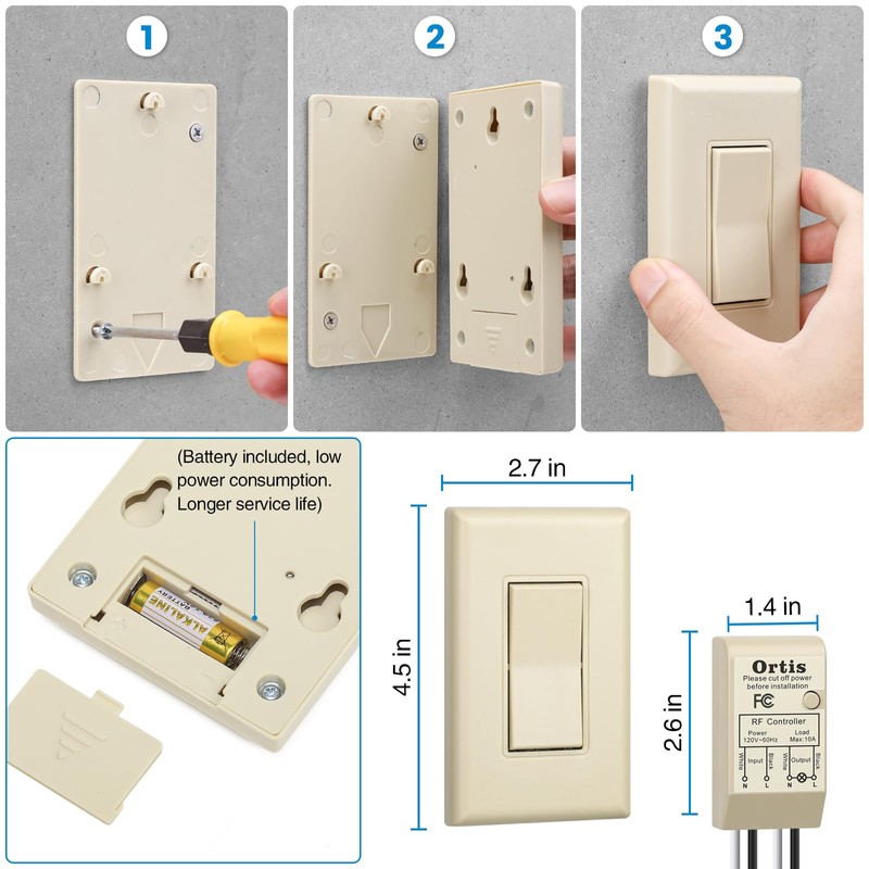 Wireless Light Switch and Receiver Kit, Ortis 300ft RF Range