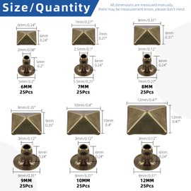 Glarks 150 pieces bronze spike rivets, 6 mm, 7 mm, 8 mm, 9 mm, 10 mm, 12 mm, pyramid quick rivets, studs, square punk spikes, leather craft, decoration for clothes, belts, bags, shoes