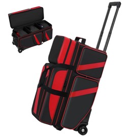 Cxinesbag 3 Ball Bowling Bags With Wheels,Bowling Bag With Shoes Compartment And Multiple Pockets,Rolling Bag for Balls & Accessories, With Retractable Handle Extends to 41.5"(red)