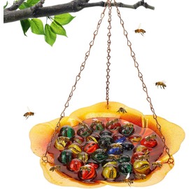 Bee Feeder with Vivid Flower Design, Anti-Rust Iron Bee Watering Station for Feeding, Colorful Butterfly Bath Bowl Bee Cups with 30 Glass Marbles for Outdoor Yard Garden Decor Gifts (Golden Brown)