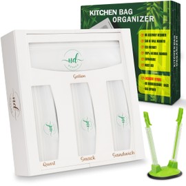 ND Styles Kitchen Bag Organizer - 6 in 1 Premium Bamboo Kitchen Organizer - No Assembly Required - Includes 60 Eco Bags & Baggie Holder - Suitable for Wall & Drawer Storage