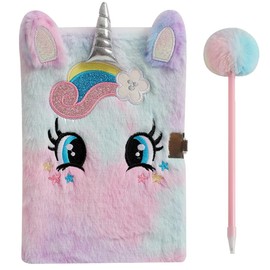 Plush Diary with Lock and Keys for Girls, Plush Secret Journal for Kids Teens with 160 Lined Pages, Fluffy Dye-Tie Unicorn A5 Notebook for Writing & Drawing, Cute Fuzzy, Gifts for Girls Ages 8-12