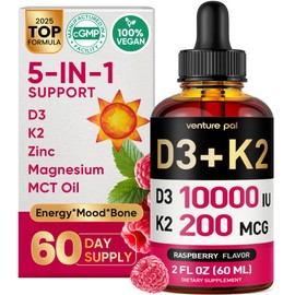 Venture Pal 5-in-1 Vitamin D3 10000 IU & K2 as MK-7 200mcg with Magnesium, MCT Oil, Zinc, Sugar-Free Vitamin D Liquid |Maximum Absorption for Bone, Mood & Immune Health - 2 FL OZ, 60 Days