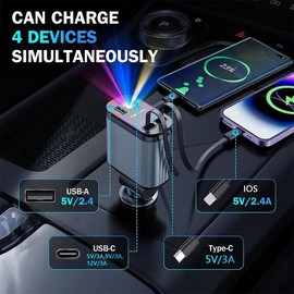 【Starlight In Car Roof】4 in 1 Retractable Car Charger, Double Type C Fast Charging Adapter[Max100W] with Lightning Cable&Dual Charge Port - Color: Blue Purple Starlight-Black Style