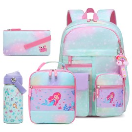 InduSKY Girls Backpack Set with 14oz Kids Insulated Water Bottle, Cute Rainbow School Backpack for Girls with Lunch Bag Pencil Case, Kids Backpack Kindergarten Elementary Middle School Bags Book Bag