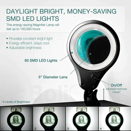 ESD Safe (Glass Lens) Professional LED Magnifying Lamp with Clamp, Dimmable, 1200 Lumens 5600K-6000K Daylight Bright 60 SMD LED, Work Light Mounting Bracket Clamp (8 Diopter) BoliOptics MG16303322