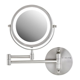 OVENTE Wall Mounted Lighted Makeup Mirror, 7" Double Sided 1X/7X Magnifying Vanity Mirror for Bathroom with LED Lights, Cordless, 360° Rotation and 13" Extendable Arm, Nickel Brushed MFW70BR1X7X
