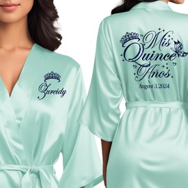 Mis Quince Años Robes, Pretty Quinceañera Robes, Mis Quince, Robes for Mama de Quince, Quinceañera Gifts, Birthday Robes, Satin Quince Robes, Mint Blue Juniors 12/14, Q1-Mis Quince