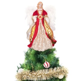SANNO Christmas Angel Treetop Figurine with White Pearl Wings, 15.7-Inch Angel Figurines Treetop for Christmas Decoration, Gold and Red